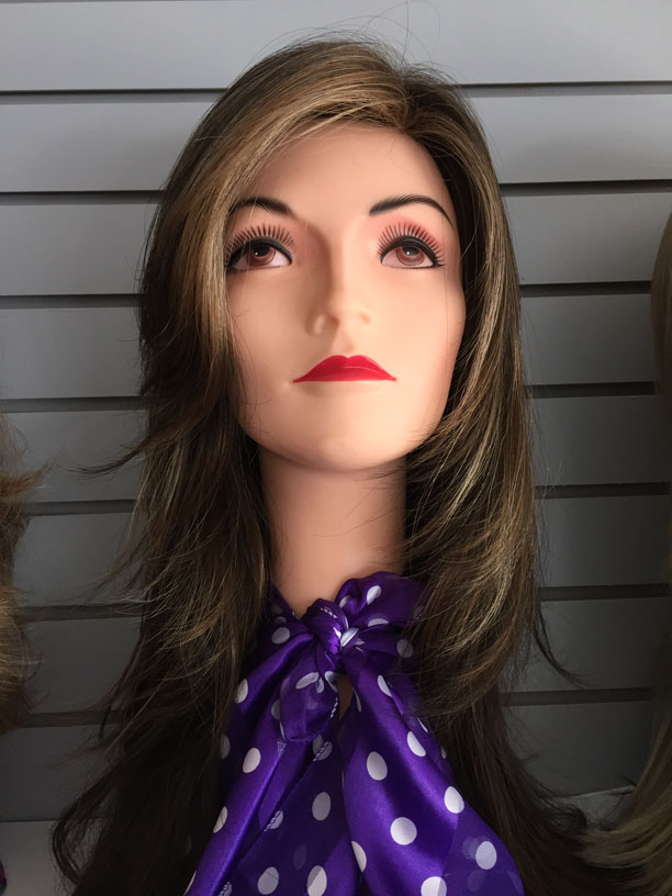 A synthetic wig displayed at a Rhode Island wig store.